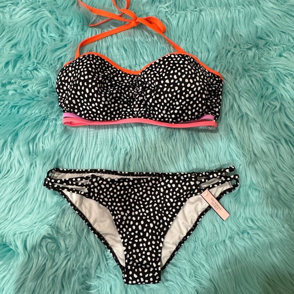 Victoria's Secret Black and White Bikini polka dots with Orange and Pink Trim